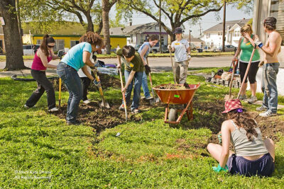 young people doing yard work